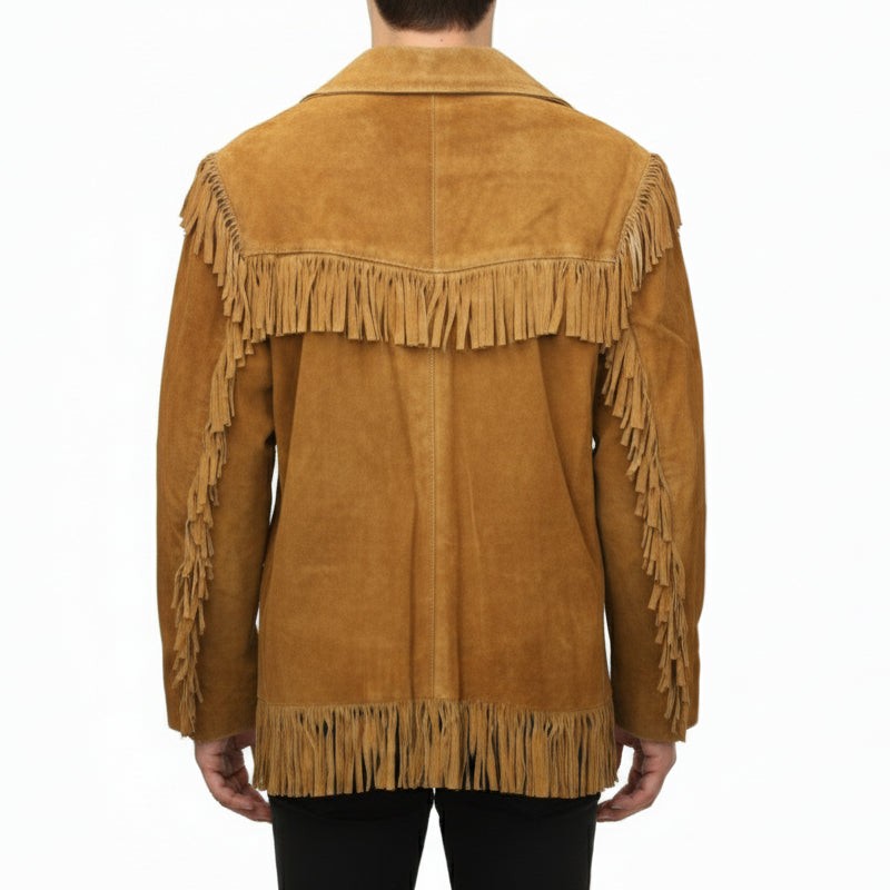 Handmade Men’s Tan Suede Western Fringe Jacket, Classic Cowboy Style