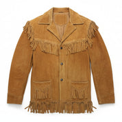 Handmade Men’s Tan Suede Western Fringe Jacket, Classic Cowboy Style