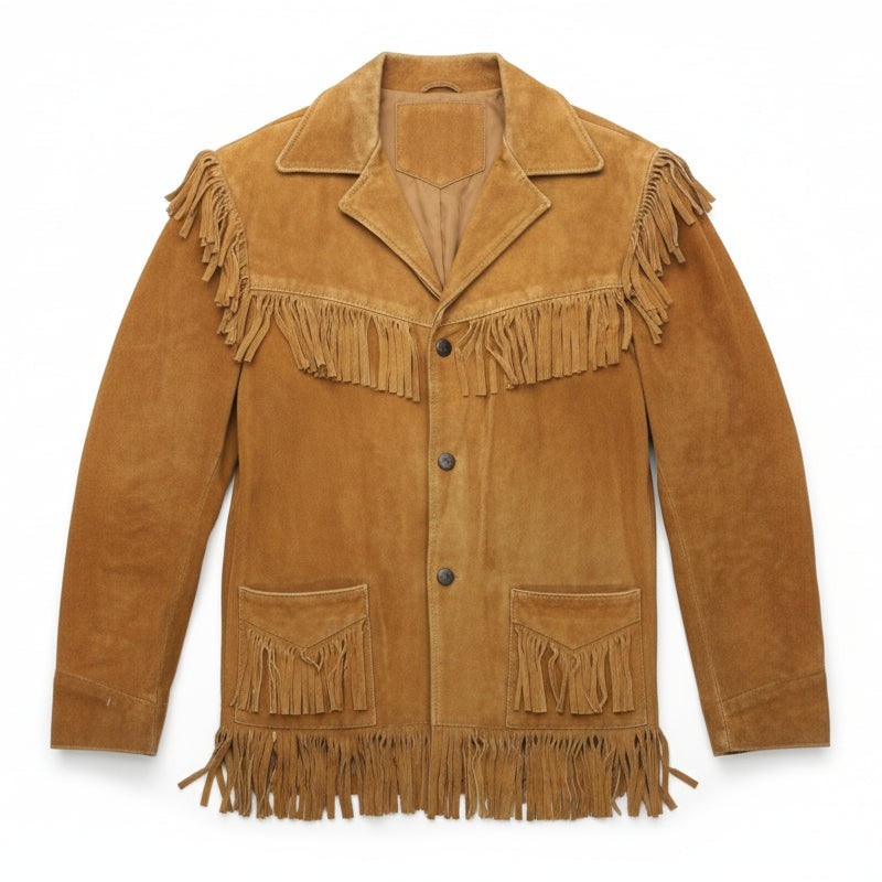 Handmade Men’s Tan Suede Western Fringe Jacket, Classic Cowboy Style