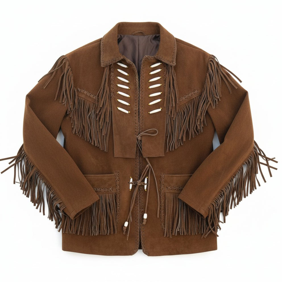 Handmade Men’s Tan Suede Western Fringe Jacket, Classic Cowboy Style