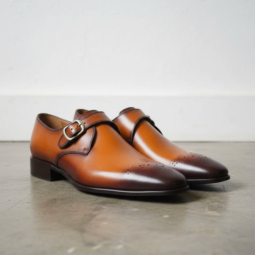 Men's Tan Brown Genuine Leather Monk Shoes