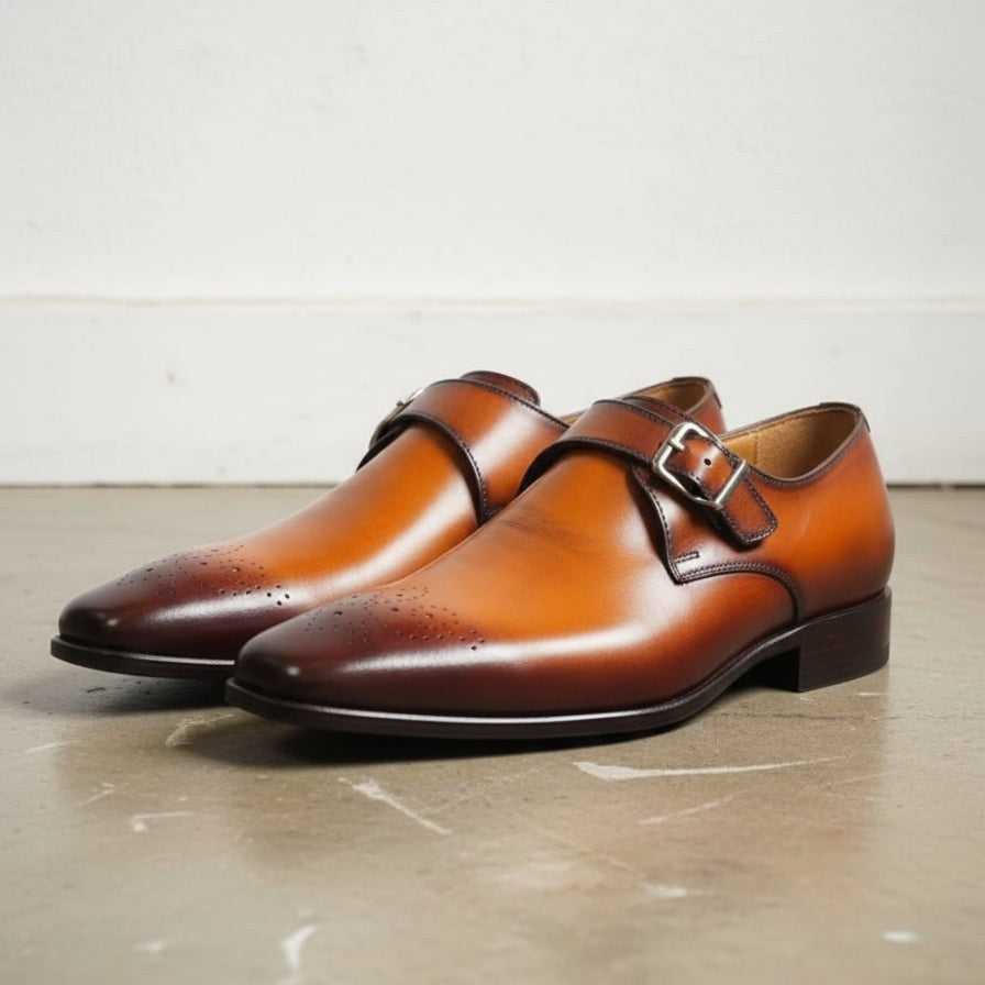 Men's Tan Brown Genuine Leather Monk Shoes
