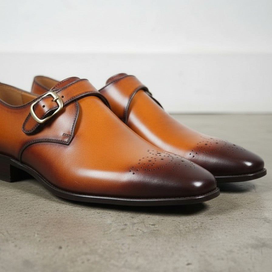 Men's Tan Brown Genuine Leather Monk Shoes