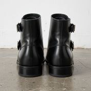 Handmade Men's Black Leather Triple Buckle Monk Ankle Boots