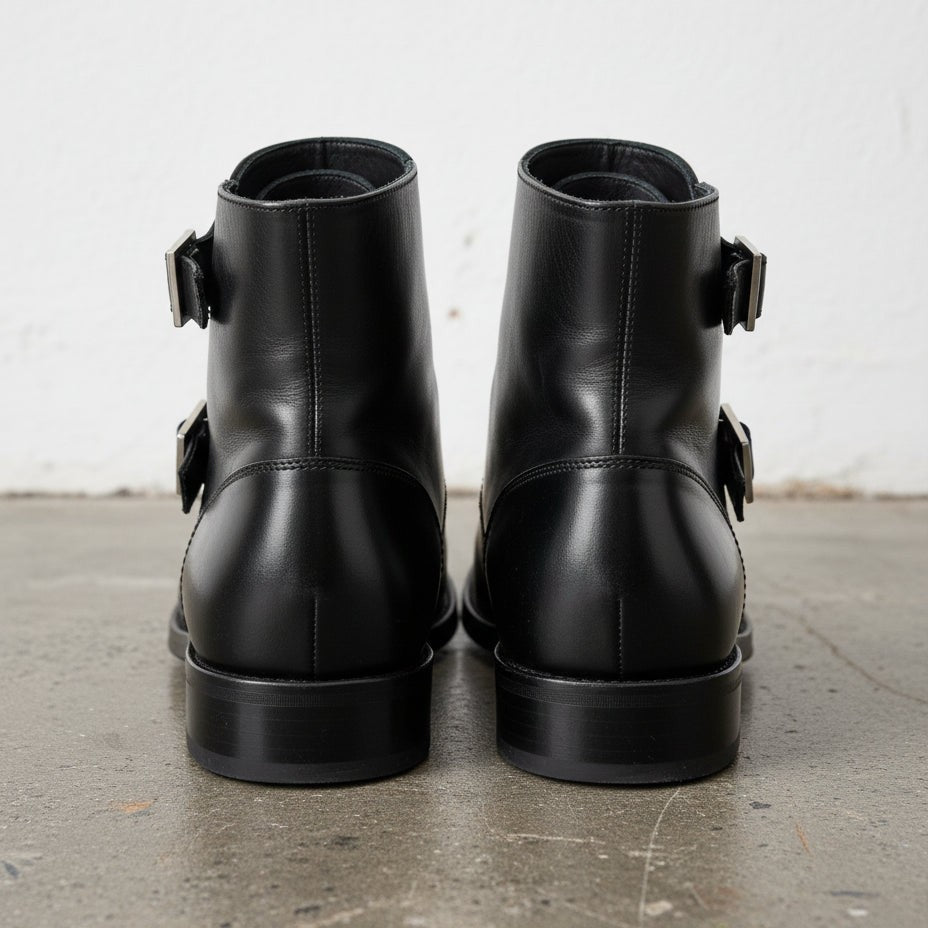 Handmade Men's Black Leather Triple Buckle Monk Ankle Boots