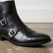 Handmade Men's Black Leather Triple Buckle Monk Ankle Boots