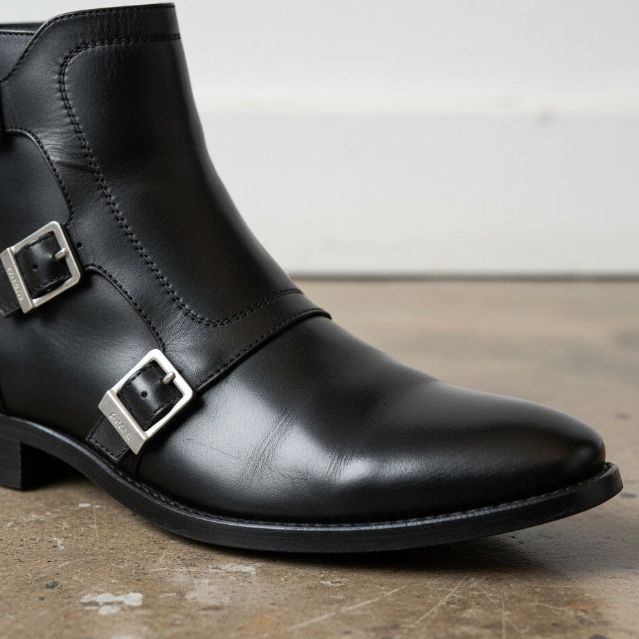 Handmade Men's Black Leather Triple Buckle Monk Ankle Boots
