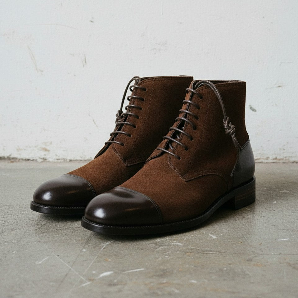 Handcrafted Brown Leather Suede Ankle Boots