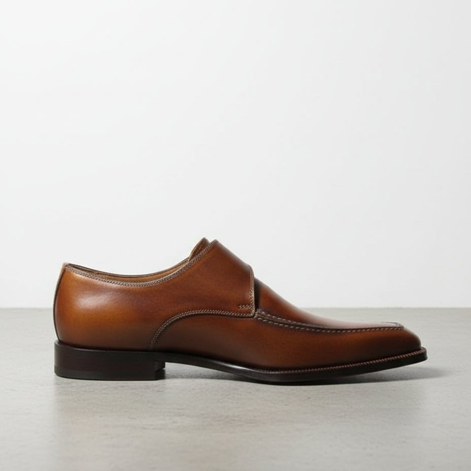 Handmade Men's Brown Leather Monk Shoes