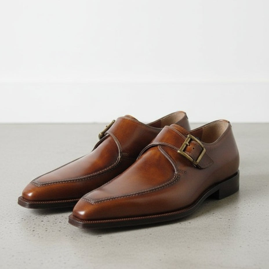 Handmade Men's Brown Leather Monk Shoes