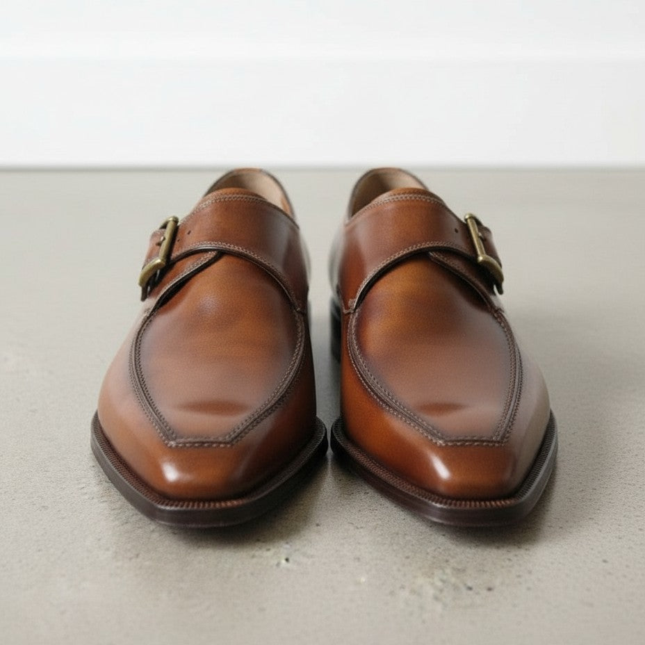 Handmade Men's Brown Leather Monk Shoes