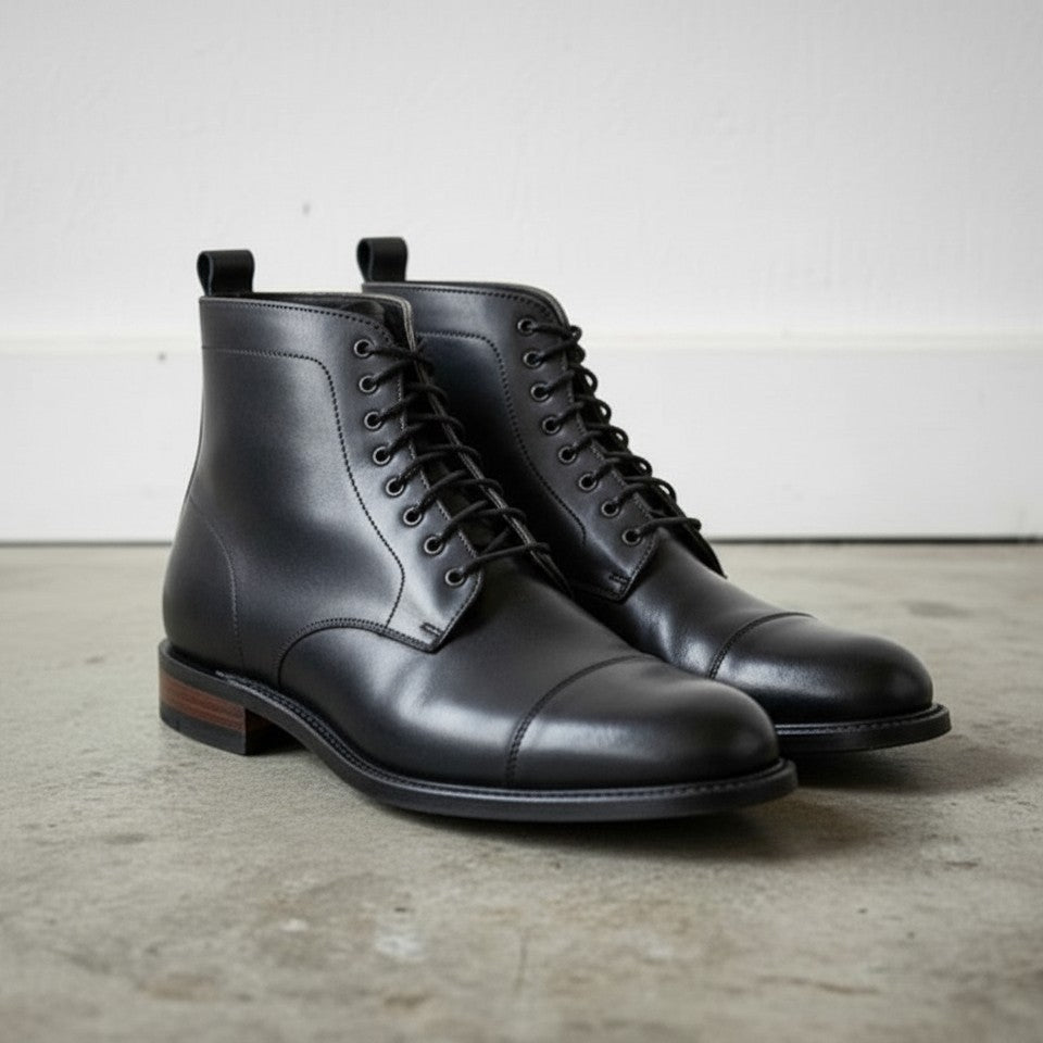 Handcrafted Men's Black Cap Toe Ankle Boots