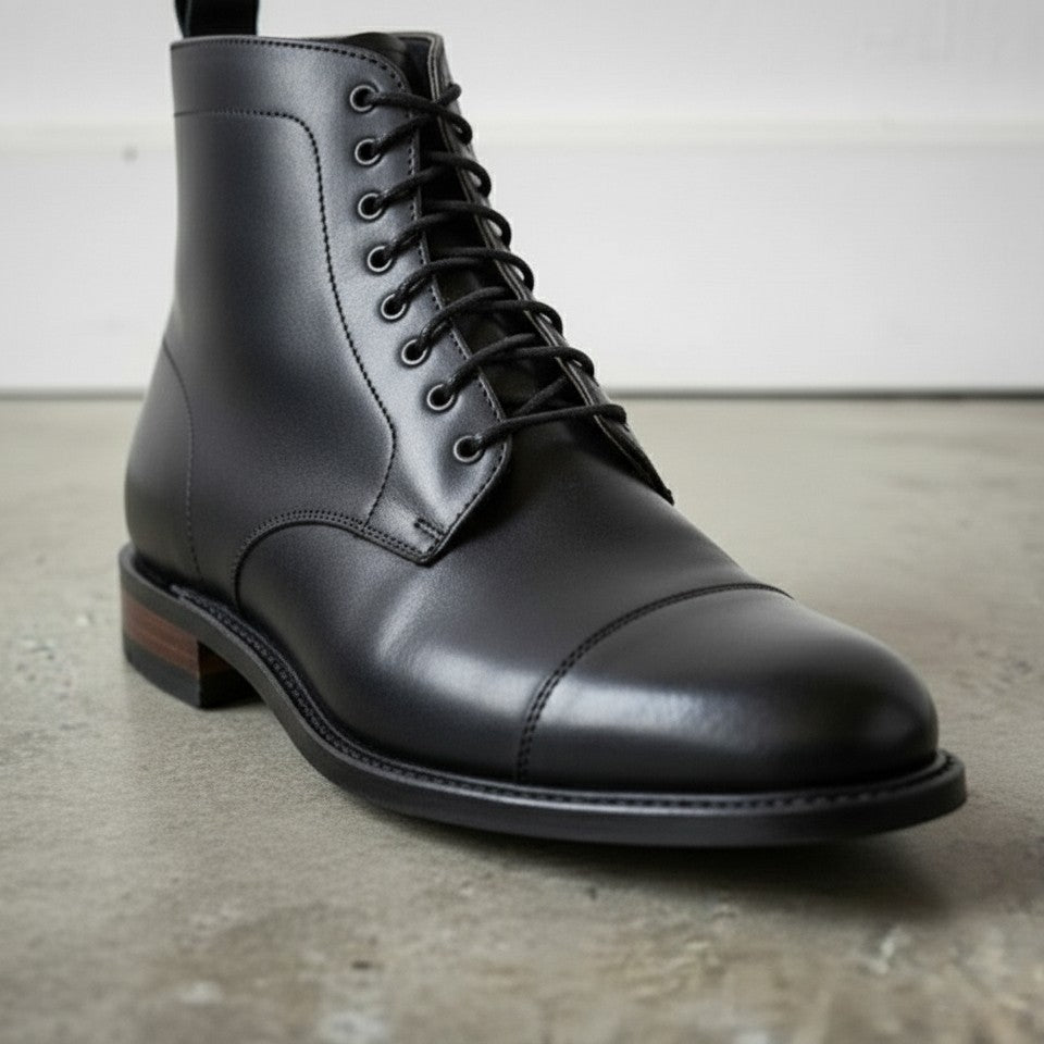 Handcrafted Men's Black Cap Toe Ankle Boots