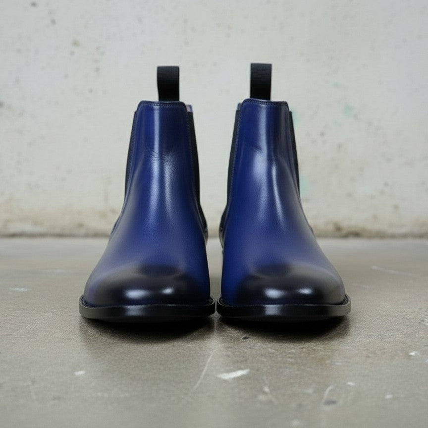 Men's Navy Blue Handmade Leather Ankle Chelsea Boots
