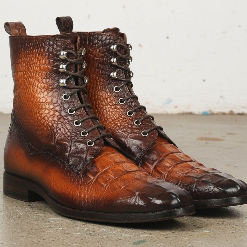 Handcrafted Men's Tan Brown Alligator Ankle Boots