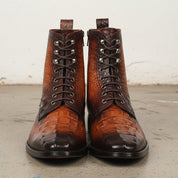 Handcrafted Men's Tan Brown Alligator Ankle Boots
