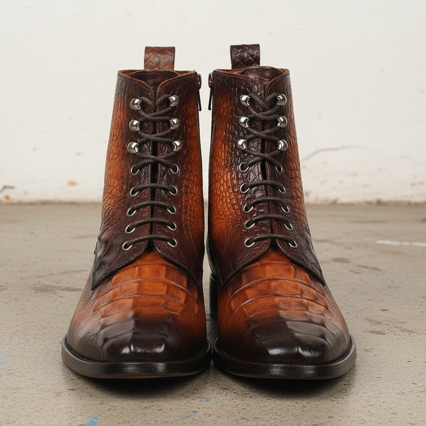 Handcrafted Men's Tan Brown Alligator Ankle Boots