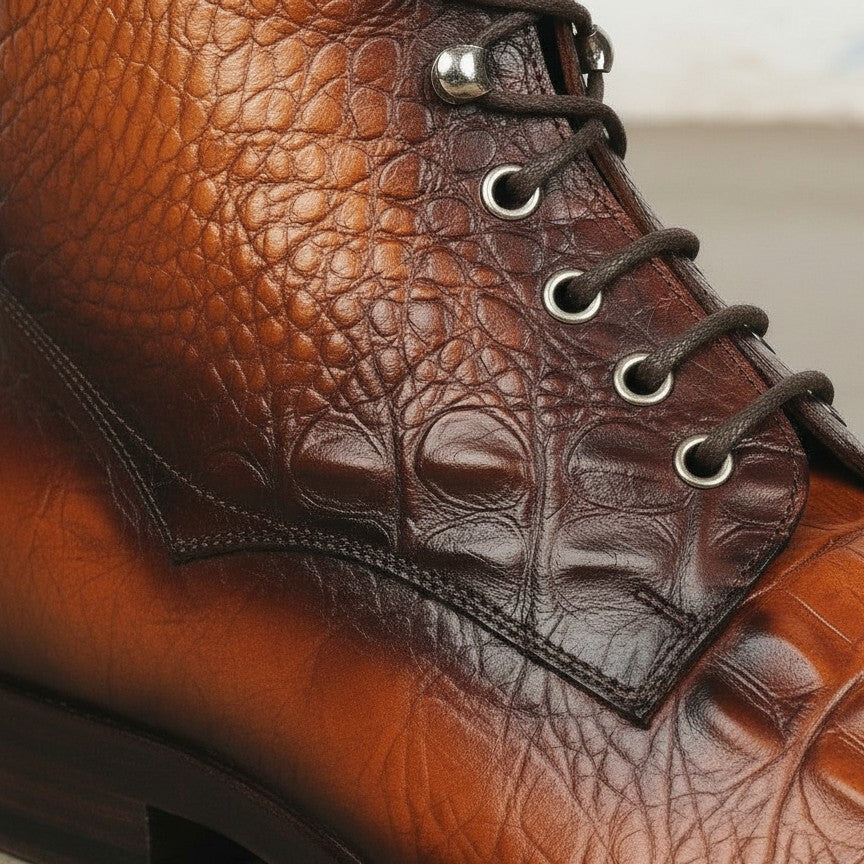 Handcrafted Men's Tan Brown Alligator Ankle Boots