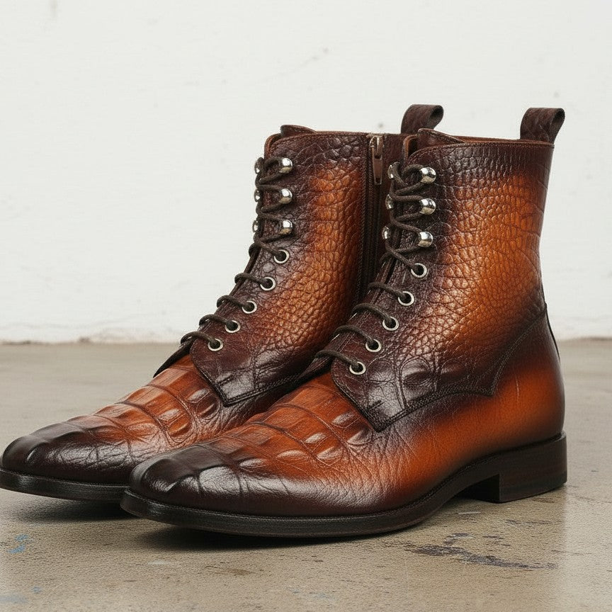 Handcrafted Men's Tan Brown Alligator Ankle Boots