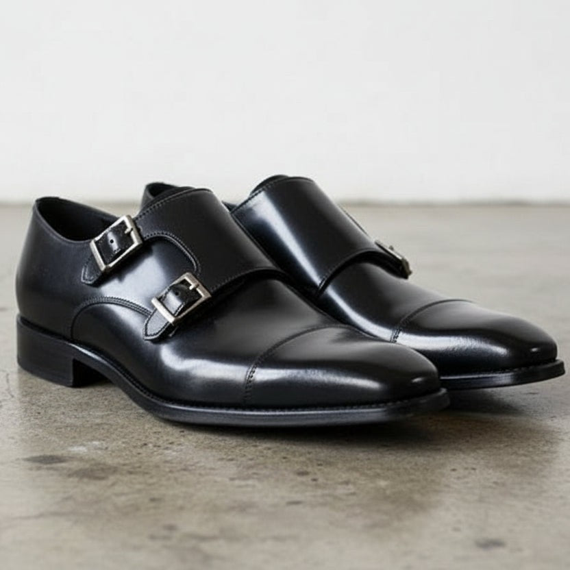 Handcrafted Men's Black Double Buckle Leather Dress Shoes