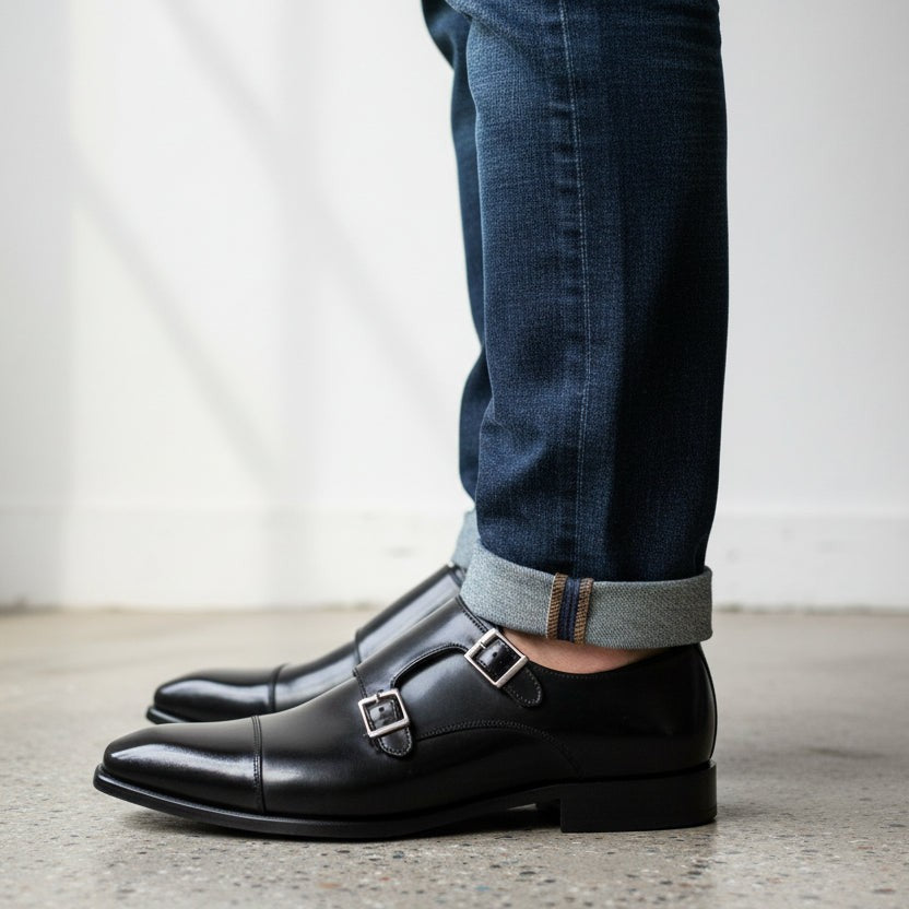 Handcrafted Men's Black Double Buckle Leather Dress Shoes