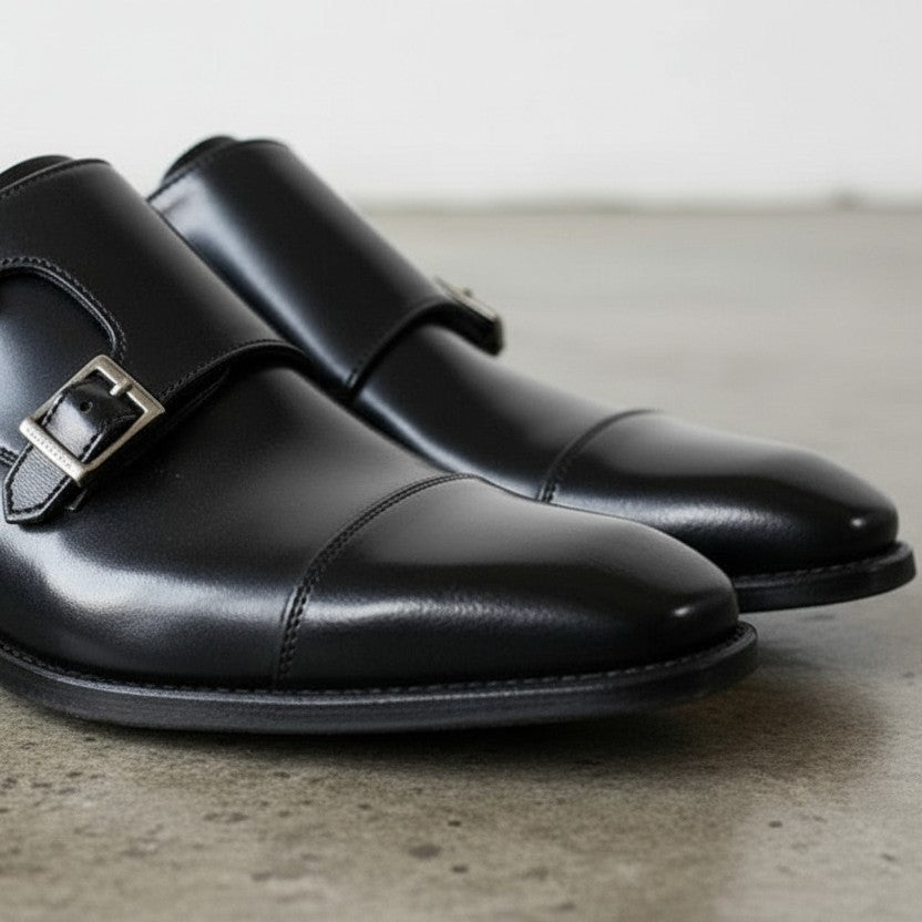 Handcrafted Men's Black Double Buckle Leather Dress Shoes