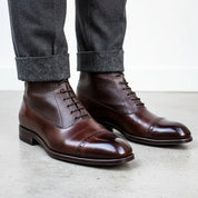 Handcrafted Men's Dark Brown Leather Cap Toe Ankle Boots