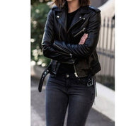 Handmade Women Black Leather Moto Jacket, Black Leather Belted Jacket