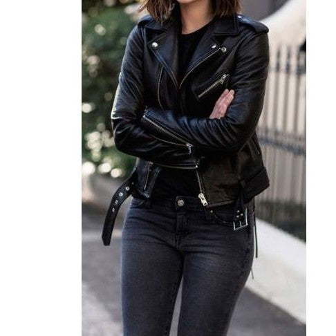 Handmade Women Black Leather Moto Jacket, Black Leather Belted Jacket