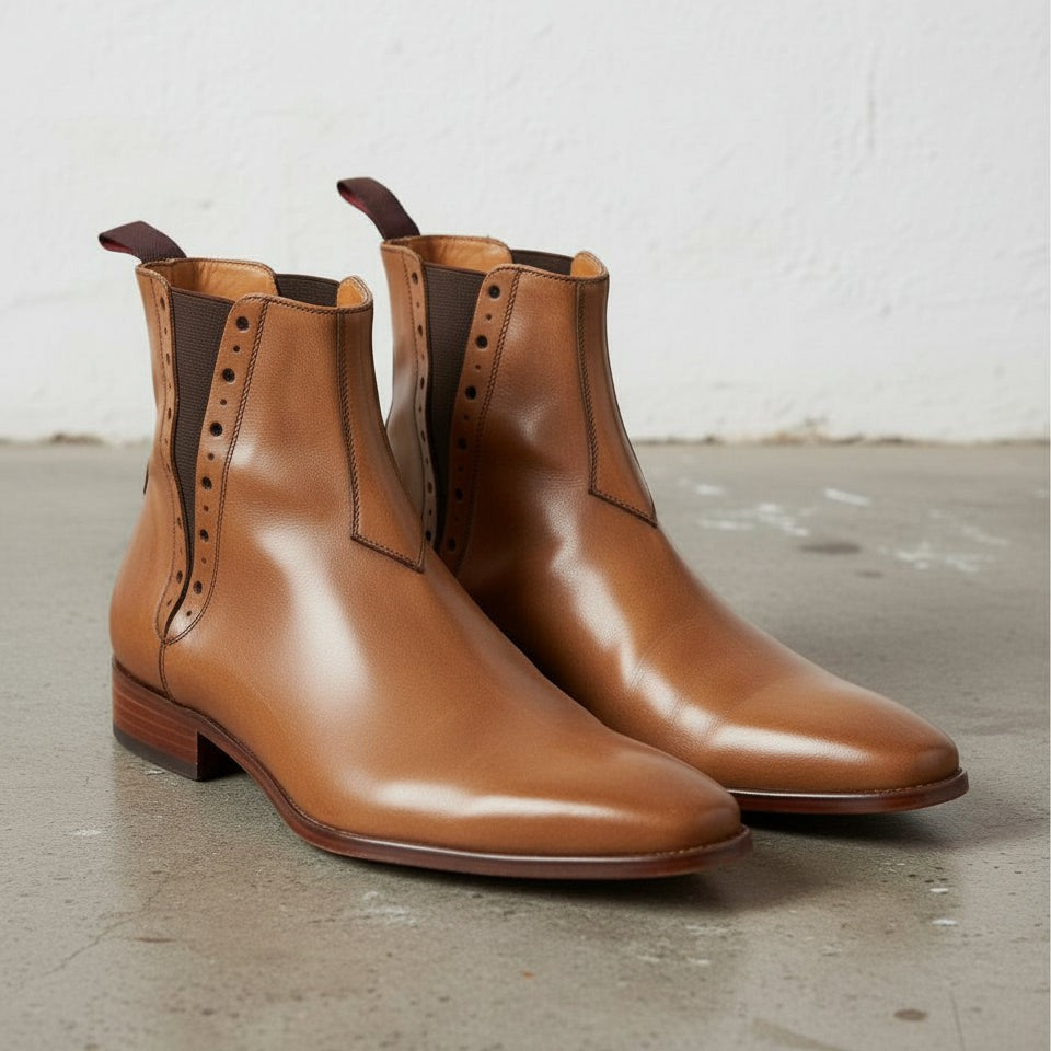 Handmade Men's Tan Leather Chelsea Brogue Ankle Boots