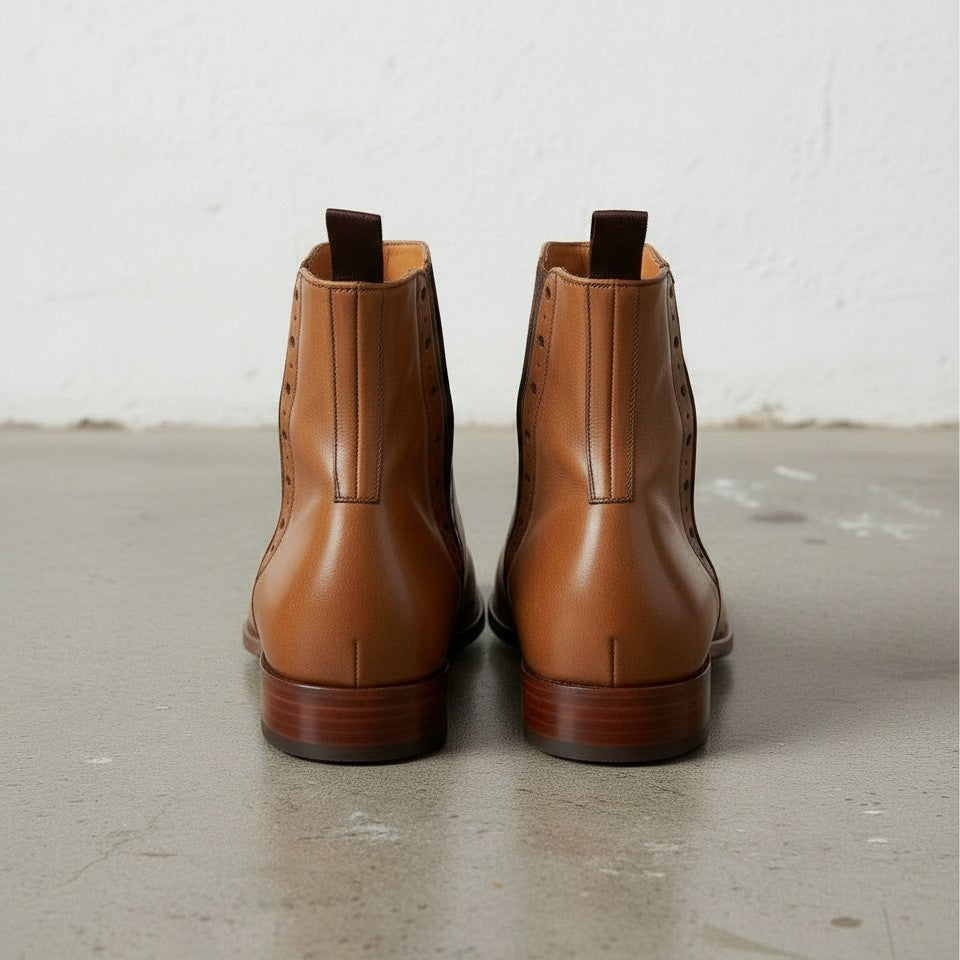 Handmade Men's Tan Leather Chelsea Brogue Ankle Boots