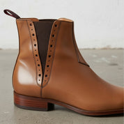 Handmade Men's Tan Leather Chelsea Brogue Ankle Boots
