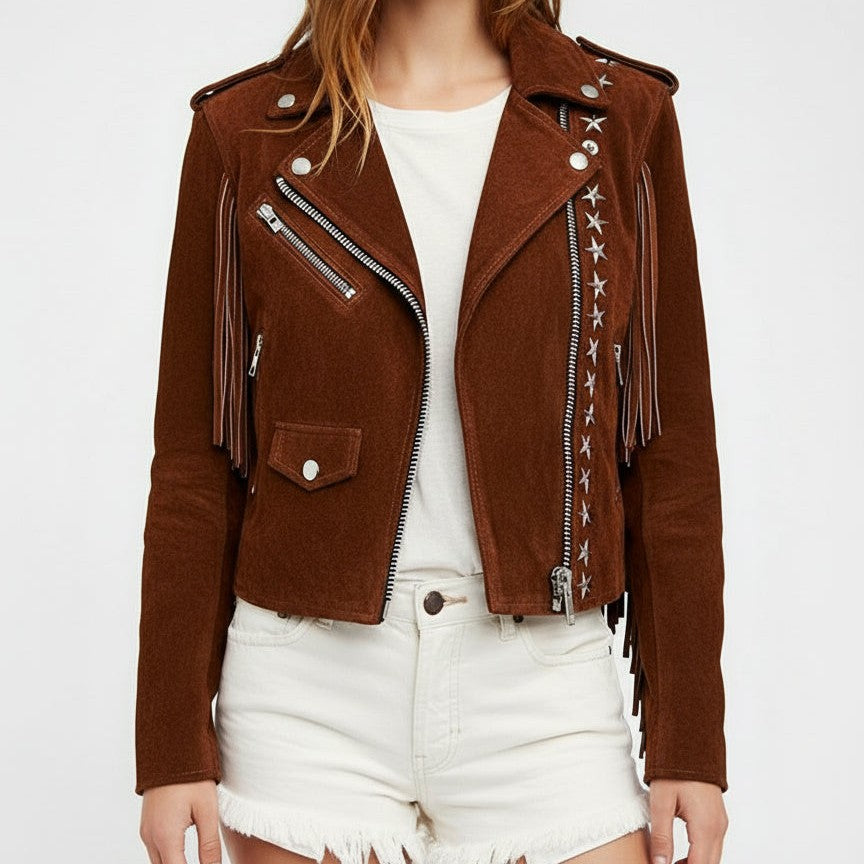 Handmade Punk Women Brown Rock Style Studded Fringe Jacket, Biker Jacket