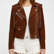 Handmade Punk Women Brown Rock Style Studded Fringe Jacket, Biker Jacket