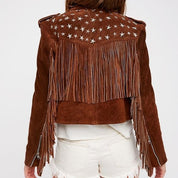 Handmade Punk Women Brown Rock Style Studded Fringe Jacket, Biker Jacket