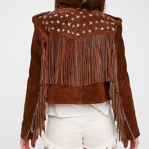 Handmade Punk Women Brown Rock Style Studded Fringe Jacket, Biker Jacket