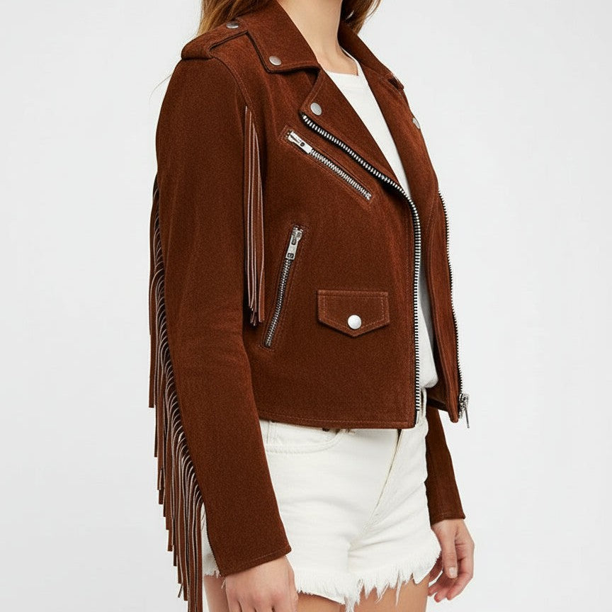 Handmade Punk Women Brown Rock Style Studded Fringe Jacket, Biker Jacket