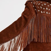 Handmade Punk Women Brown Rock Style Studded Fringe Jacket, Biker Jacket