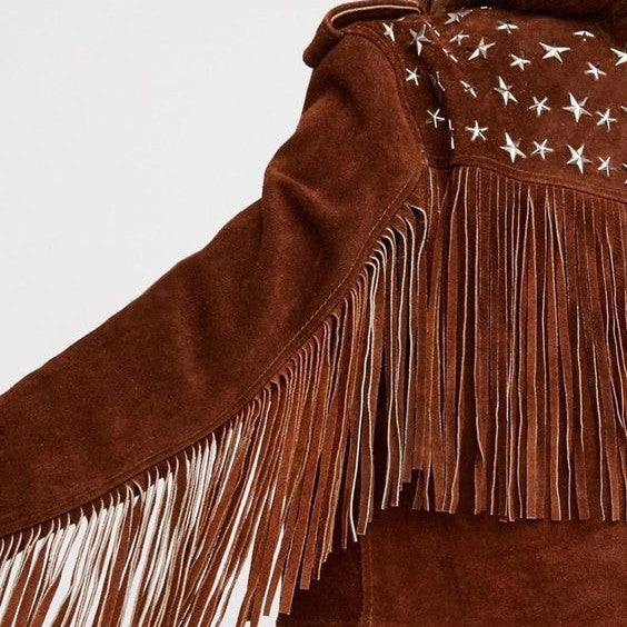 Handmade Punk Women Brown Rock Style Studded Fringe Jacket, Biker Jacket