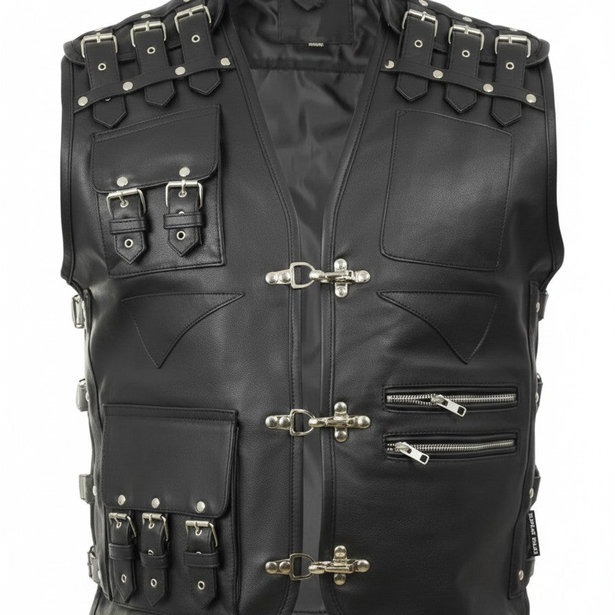 Handmade Punk Men's Genuine Leather Heavy Buckled Motorcycle Biker Vest Waistcoat