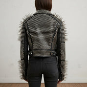 Women's Handmade Long Black Spiked Studded Leather Jacket