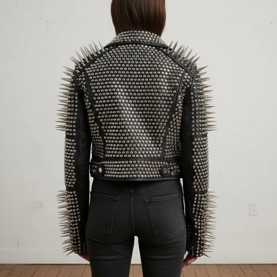 Women's Handmade Long Black Spiked Studded Leather Jacket