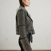 Women's Handmade Long Black Spiked Studded Leather Jacket