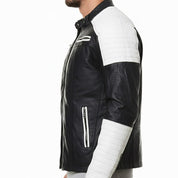 Handmade Mens Black and White Slim Fit Biker Jacket, Men Leather Jacket