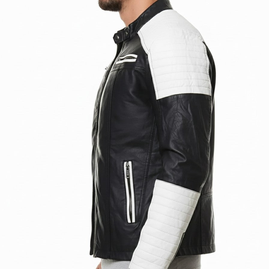 Handmade Mens Black and White Slim Fit Biker Jacket, Men Leather Jacket