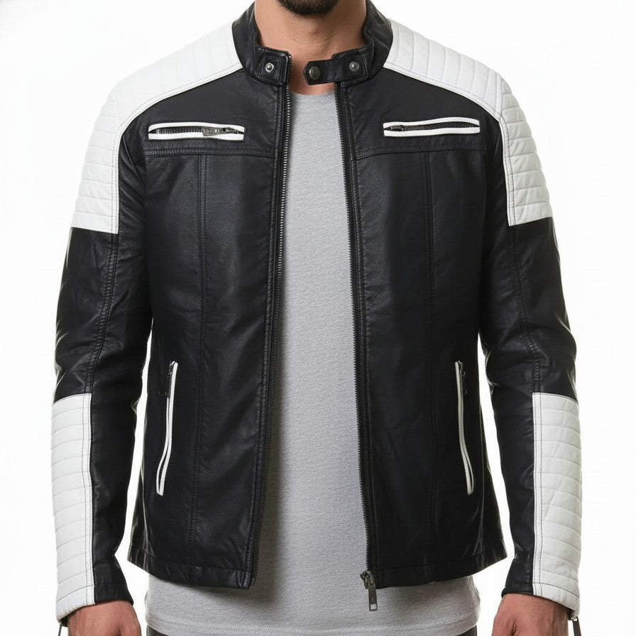 Handmade Mens Black and White Slim Fit Biker Jacket, Men Leather Jacket