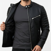 Men's Black Slim Fit Front Zip Genuine Leather Jacket