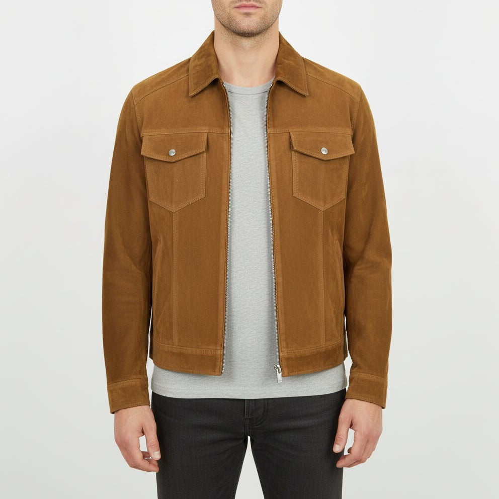 Men's Handmade Brown Suede Trucker Jacket