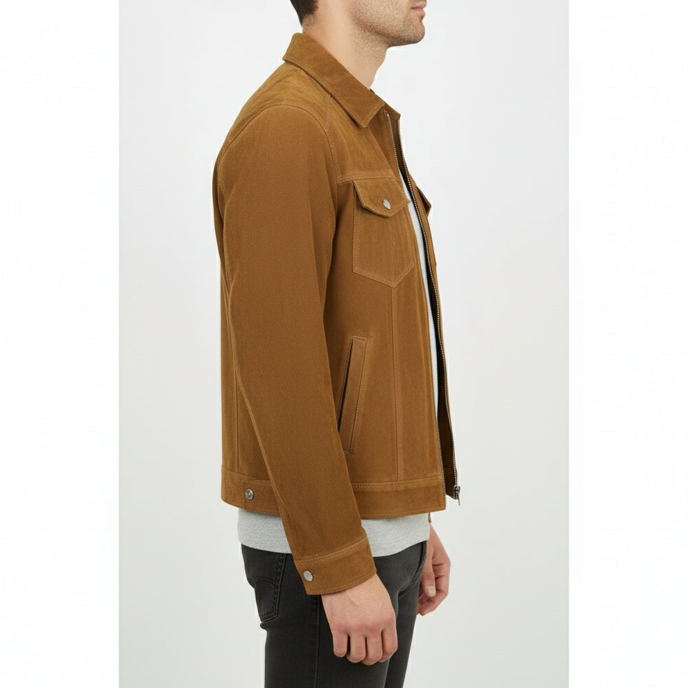 Men's Handmade Brown Suede Trucker Jacket