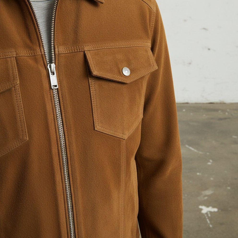 Men's Handmade Brown Suede Trucker Jacket